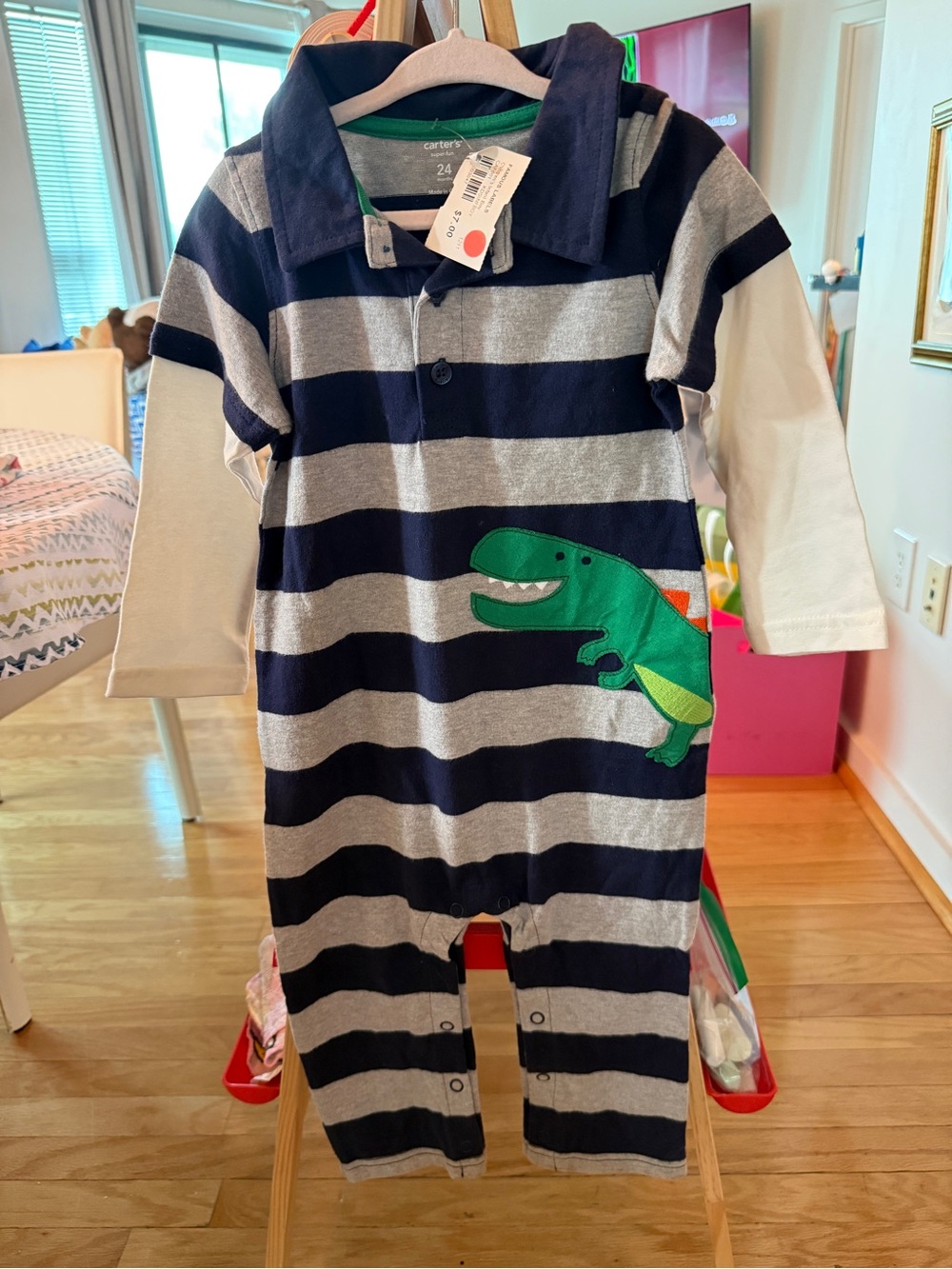Romper Navy Stripe Carters Alligator LS Cotton Fall Winter Boy size 24 month New